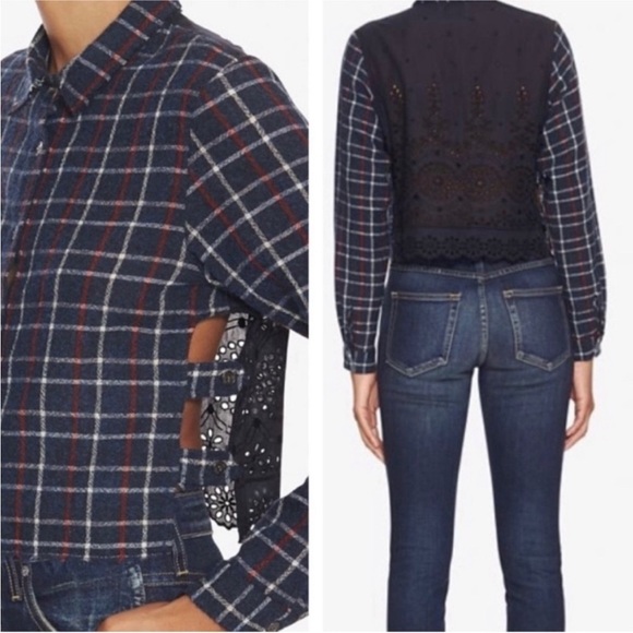 Sea New York Wool Plaid Crop Top Eyelet Lace Back Long Sleeve Navy Blue Sz 2 - Picture 2 of 13